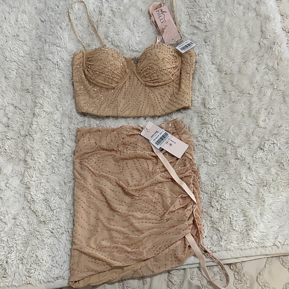 NWT Oh Polly Beige Sand Embellished Sequin Crop Top and Skirt Set
